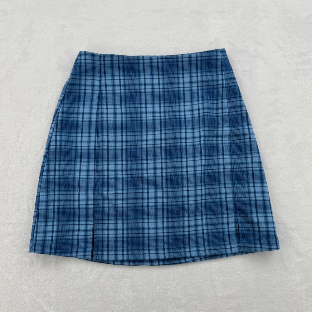 Brandy Melville Cara Mini Skirt Womens One Size XS/S Blue Plaid Front Slits
